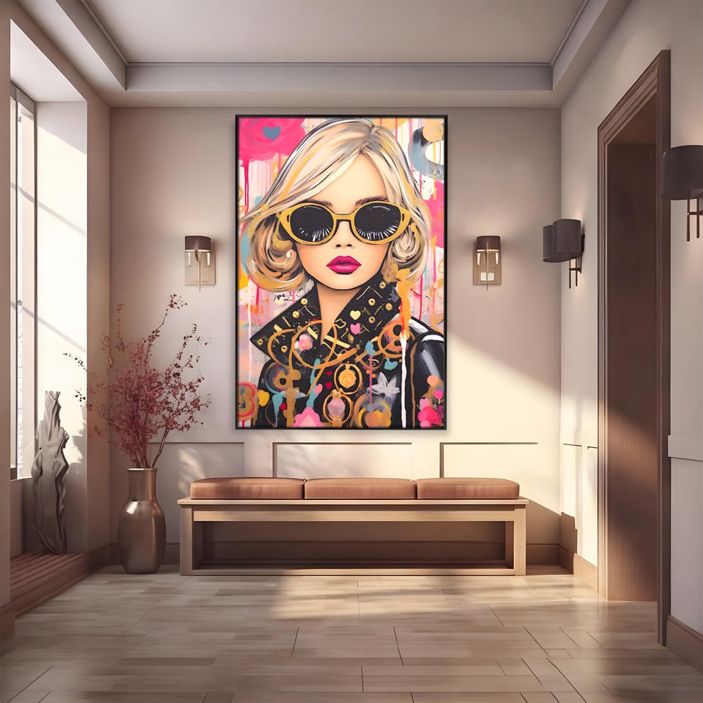 Tablou canvas cu tablou canvas cu portret de femeie, in rama de aluminiu negru